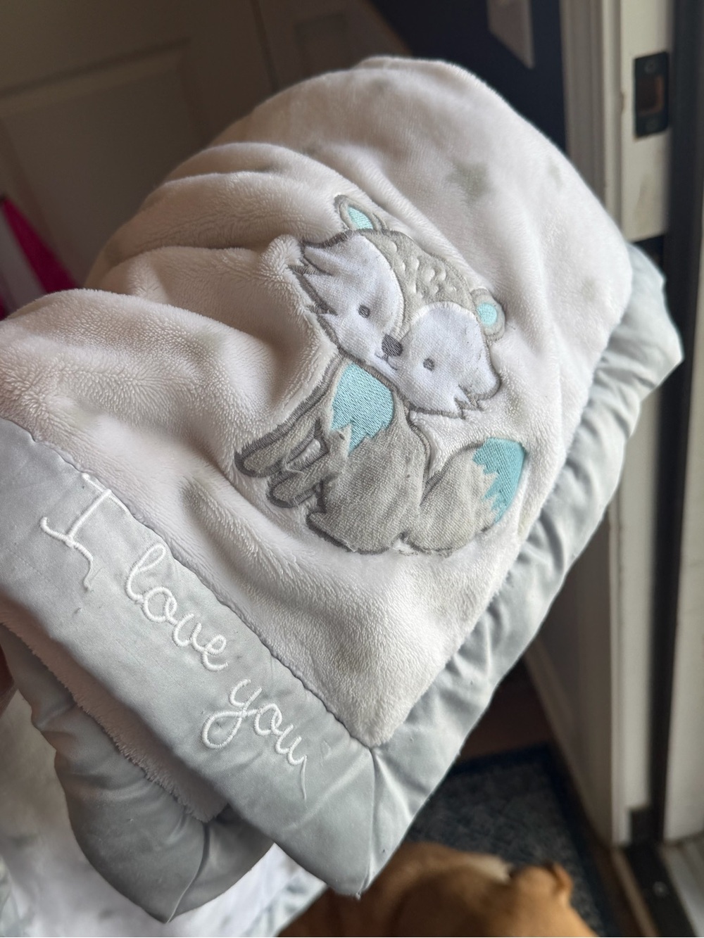 Wendy Bellissimo Gray stars blue Baby Blanket with Fox Embroidery - I Love You